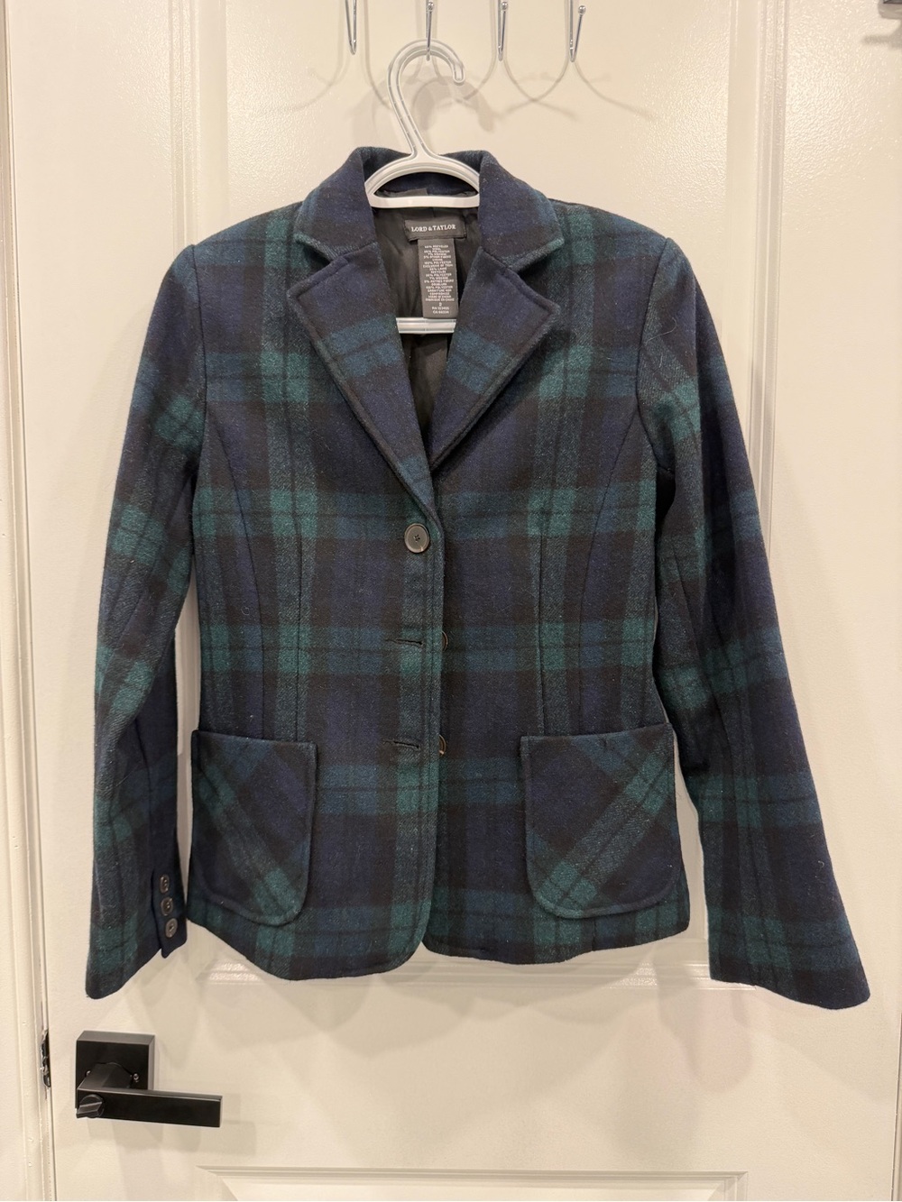 Lord & Taylor Navy and Green Plaid Wool-Blend Blazer